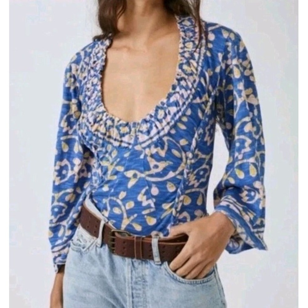 Free People Top On The Block Small Blue Cotton Batik Print Smocked Wide Sleeve